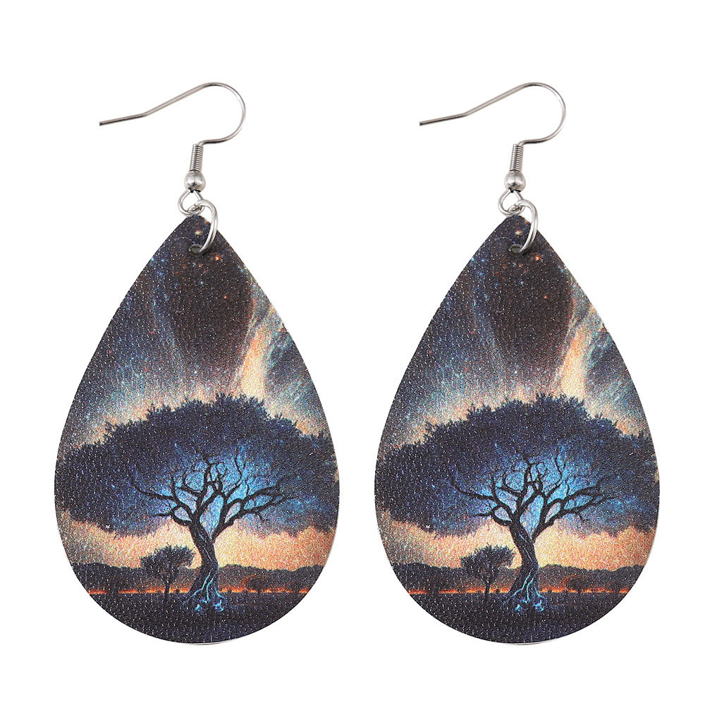 Wholesale Love Tree of Life Water Drop Earrings Double-sided Printed PU Leather Creative Earrings